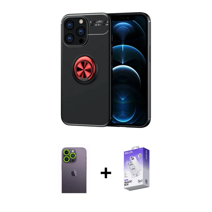 MARSİLYAN™- iPhone 13 Pro Max Kılıf Yankı Form Prime - Siyah Bilvis 5in1 3D Magic Cam Ekran Koruyucu + Neon Fosforlu Kamera Lens - YL