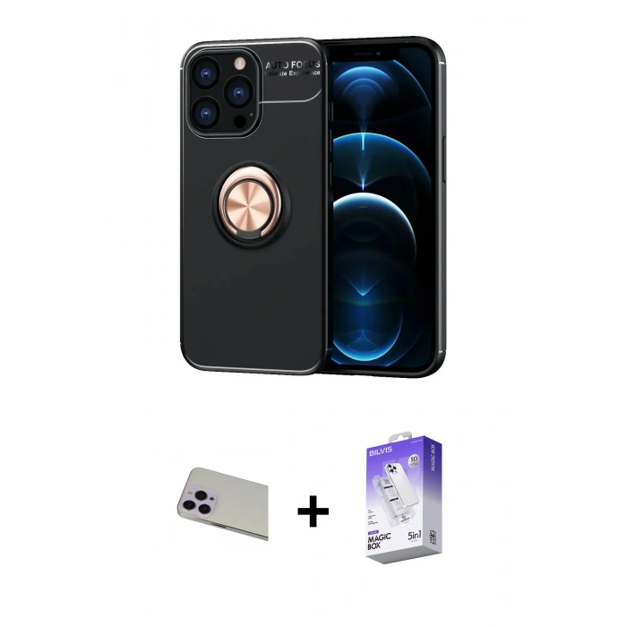 MARSİLYAN™- iPhone 13 Pro Max Kılıf Yankı Form Prime - Siyah Bilvis 5in1 3D Magic Cam Ekran Koruyucu + Rainbow Kamera Lens Koruma Cam - MR