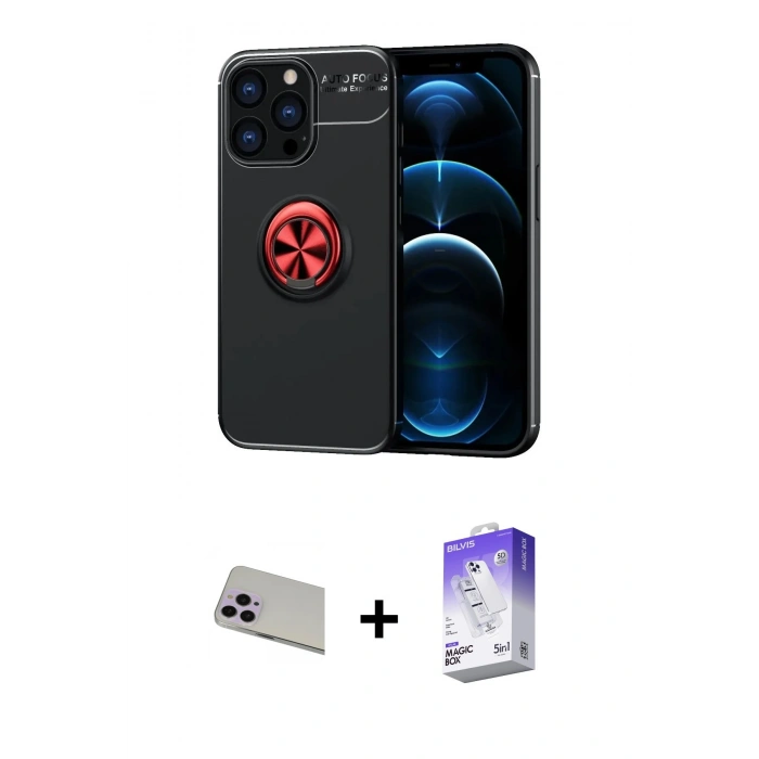 MARSİLYAN™- iPhone 13 Pro Max Kılıf Yankı Form Prime - Siyah Bilvis 5in1 3D Magic Cam Ekran Koruyucu + Rainbow Kamera Lens Koruma Cam - MR