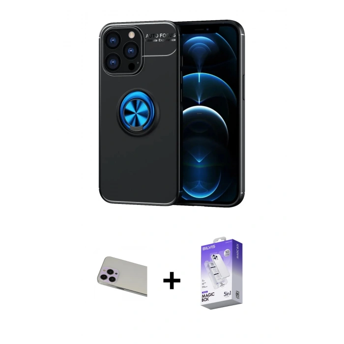 MARSİLYAN™- iPhone 13 Pro Max Kılıf Yankı Form Prime - Siyah Bilvis 5in1 3D Magic Cam Ekran Koruyucu + Rainbow Kamera Lens Koruma Cam - MR
