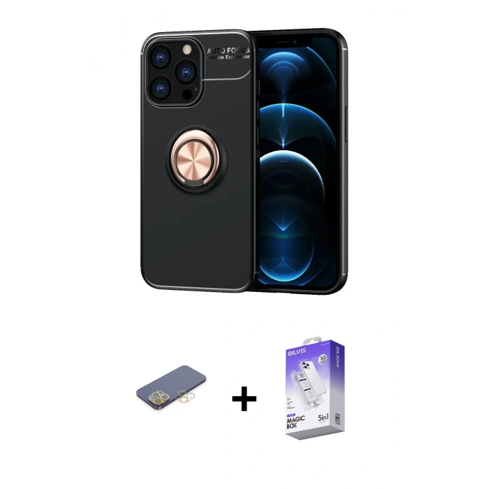 MARSİLYAN™- iPhone 13 Pro Max Kılıf Yankı Form Prime - Siyah Bilvis 5in1 3D Magic Cam Ekran Koruyucu + Renkli Kamera Lens Koruma Cam - SI