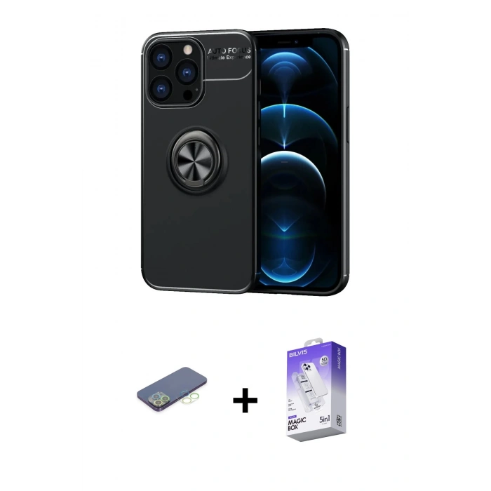 MARSİLYAN™- iPhone 13 Pro Max Kılıf Yankı Form Prime - Siyah Bilvis 5in1 3D Magic Cam Ekran Koruyucu + Renkli Kamera Lens Koruma Cam - YL