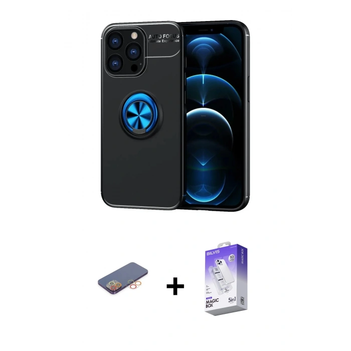 MARSİLYAN™- iPhone 13 Pro Max Kılıf Yankı Form Prime - Siyah Bilvis 5in1 3D Magic Cam Ekran Koruyucu + Renkli Kamera Lens Koruma Cam - TU