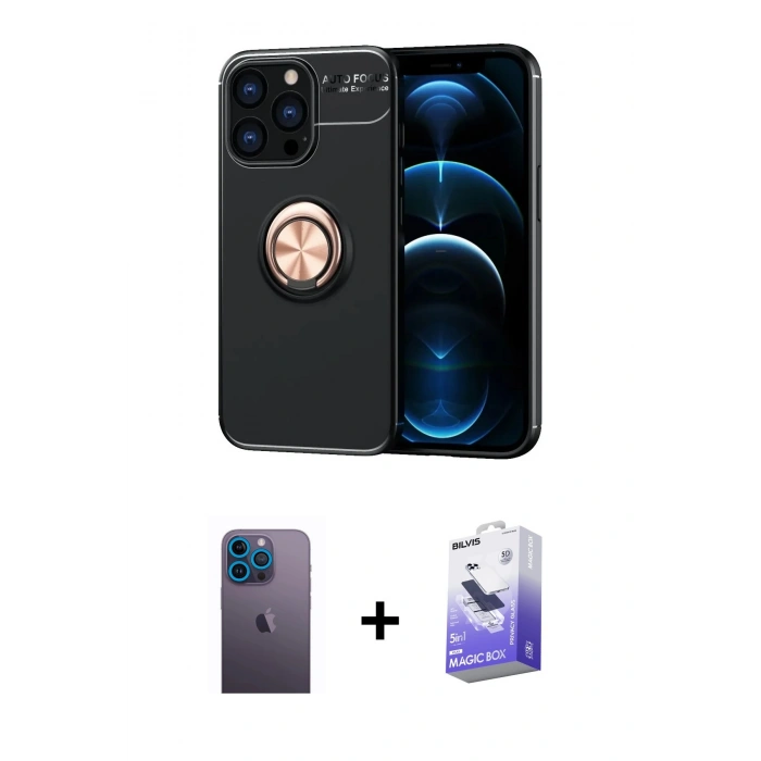 MARSİLYAN™- iPhone 13 Pro Max Kılıf Yankı Form Prime - Siyah Bilvis 5in1 5D Magic Hayalet Cam Ekran Koruyucu + Neon Fosforlu Kamera Lens - MI