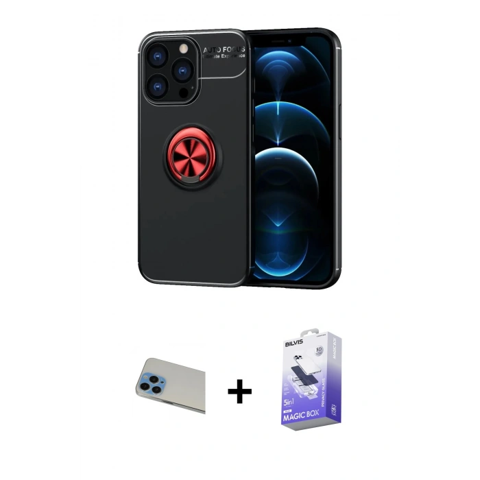 MARSİLYAN™- iPhone 13 Pro Max Kılıf Yankı Form Prime - Siyah Bilvis 5in1 5D Magic Hayalet Cam Ekran Koruyucu + Rainbow Kamera Lens Koruma Cam - MI