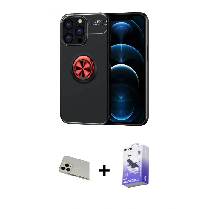 MARSİLYAN™- iPhone 13 Pro Max Kılıf Yankı Form Prime - Siyah Bilvis 5in1 5D Magic Hayalet Cam Ekran Koruyucu + Rainbow Kamera Lens Koruma Cam - REGD