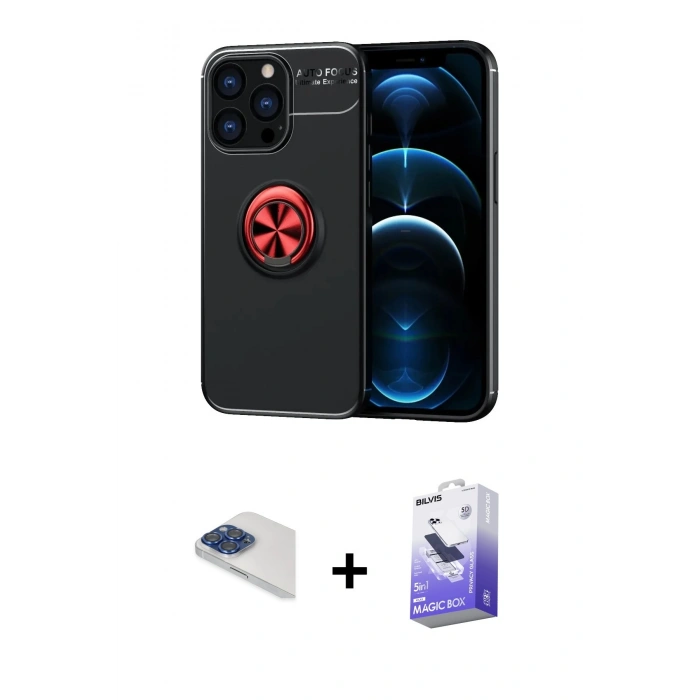 MARSİLYAN™- iPhone 13 Pro Max Kılıf Yankı Form Prime - Siyah Bilvis 5in1 5D Magic Hayalet Cam Ekran Koruyucu + Pers Alüminyum Kamera Lens - LT