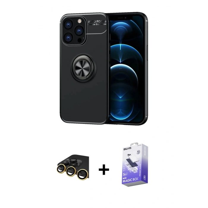 MARSİLYAN™- iPhone 13 Pro Max Kılıf Yankı Form Prime - Siyah Bilvis 5in1 5D Magic Hayalet Cam Ekran Koruyucu + Raze Metal Kamera Lens - GD