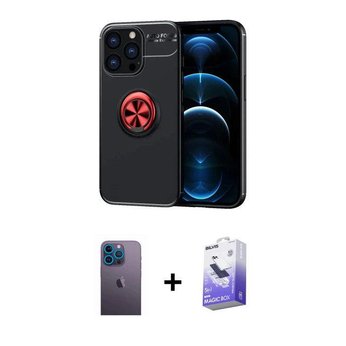 MARSİLYAN™- iPhone 13 Pro Max Kılıf Yankı Form Prime - Siyah Bilvis 5in1 5D Magic Hayalet Cam Ekran Koruyucu + Neon Fosforlu Kamera Lens - MI