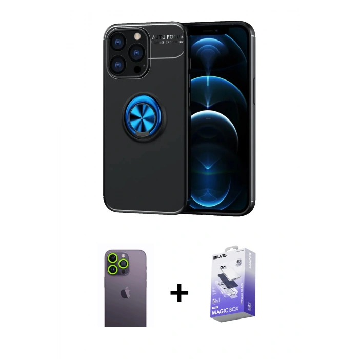 MARSİLYAN™- iPhone 13 Pro Max Kılıf Yankı Form Prime - Siyah Bilvis 5in1 5D Magic Hayalet Cam Ekran Koruyucu + Neon Fosforlu Kamera Lens - YL