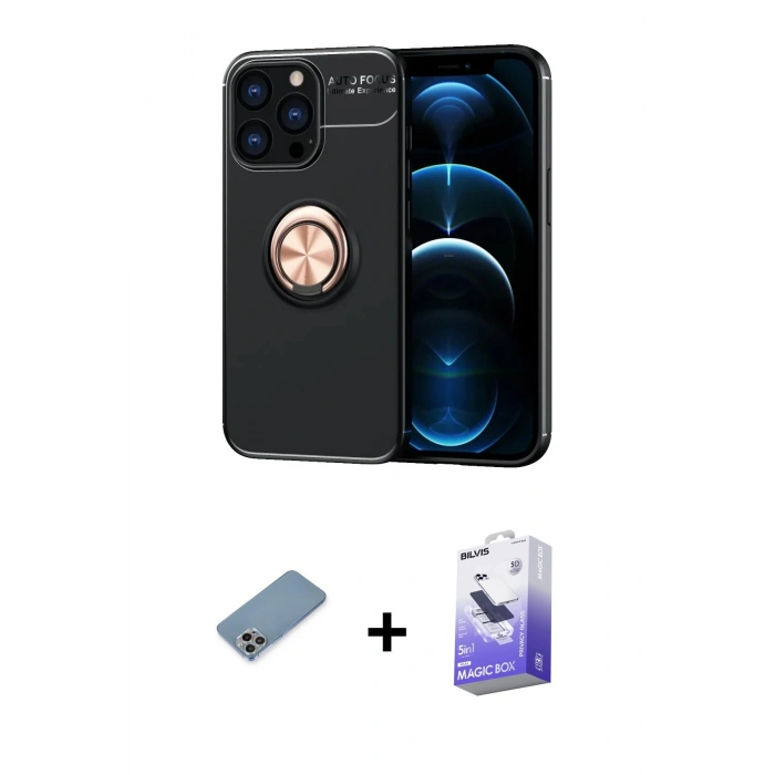 MARSİLYAN™- iPhone 13 Pro Max Kılıf Yankı Form Prime - Siyah Bilvis 5in1 5D Magic Hayalet Cam Ekran Koruyucu + Gökkuşağı Shine Kamera Lens Koruma Cam