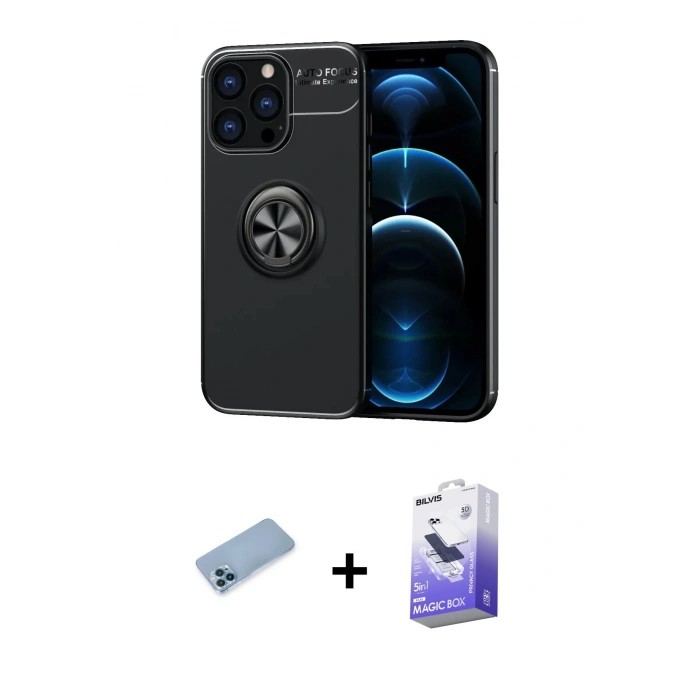 MARSİLYAN™- iPhone 13 Pro Max Kılıf Yankı Form Prime - Siyah Bilvis 5in1 5D Magic Hayalet Cam Ekran Koruyucu + Shine Kamera Lens Koruma Cam - MI