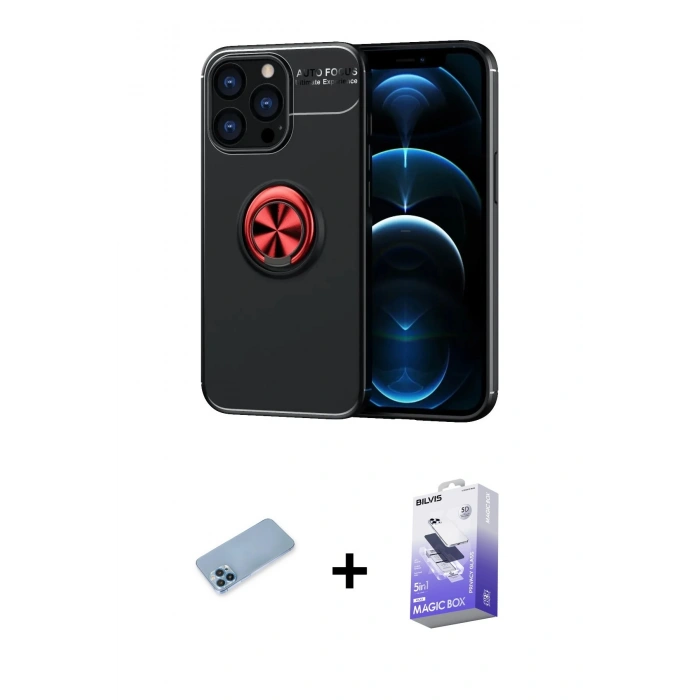 MARSİLYAN™- iPhone 13 Pro Max Kılıf Yankı Form Prime - Siyah Bilvis 5in1 5D Magic Hayalet Cam Ekran Koruyucu + Shine Kamera Lens Koruma Cam - MI