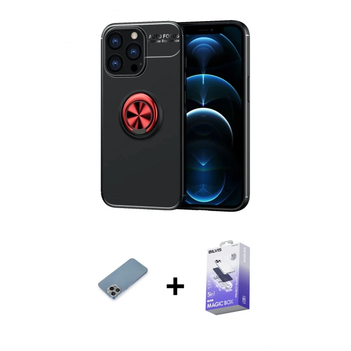 MARSİLYAN™- iPhone 13 Pro Max Kılıf Yankı Form Prime - Siyah Bilvis 5in1 5D Magic Hayalet Cam Ekran Koruyucu + Gökkuşağı Shine Kamera Lens Koruma Cam