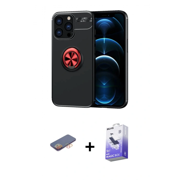 MARSİLYAN™- iPhone 13 Pro Max Kılıf Yankı Form Prime - Siyah Bilvis 5in1 5D Magic Hayalet Cam Ekran Koruyucu + Renkli Kamera Lens Koruma Cam - TU