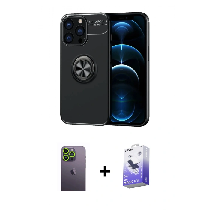 MARSİLYAN™- iPhone 13 Pro Max Kılıf Yankı Form Prime - Siyah Bilvis 5in1 5D Magic Hayalet Cam Ekran Koruyucu + Neon Fosforlu Kamera Lens - YL