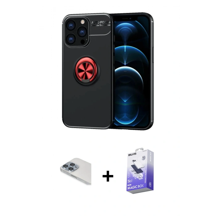 MARSİLYAN™- iPhone 13 Pro Max Kılıf Yankı Form Prime - Siyah Bilvis 5in1 5D Magic Hayalet Cam Ekran Koruyucu + Pers Alüminyum Kamera Lens - SABE