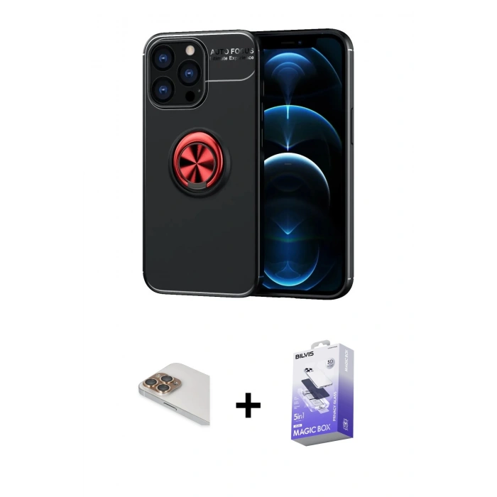 MARSİLYAN™- iPhone 13 Pro Max Kılıf Yankı Form Prime - Siyah Bilvis 5in1 5D Magic Hayalet Cam Ekran Koruyucu + Pers Alüminyum Kamera Lens - GD