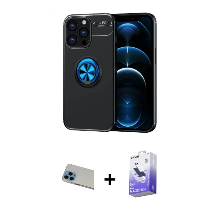 MARSİLYAN™- iPhone 13 Pro Max Kılıf Yankı Form Prime - Siyah Bilvis 5in1 5D Magic Hayalet Cam Ekran Koruyucu + Rainbow Kamera Lens Koruma Cam - MI
