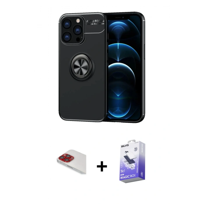 MARSİLYAN™- iPhone 13 Pro Max Kılıf Yankı Form Prime - Siyah Bilvis 5in1 5D Magic Hayalet Cam Ekran Koruyucu + Pers Alüminyum Kamera Lens - KI