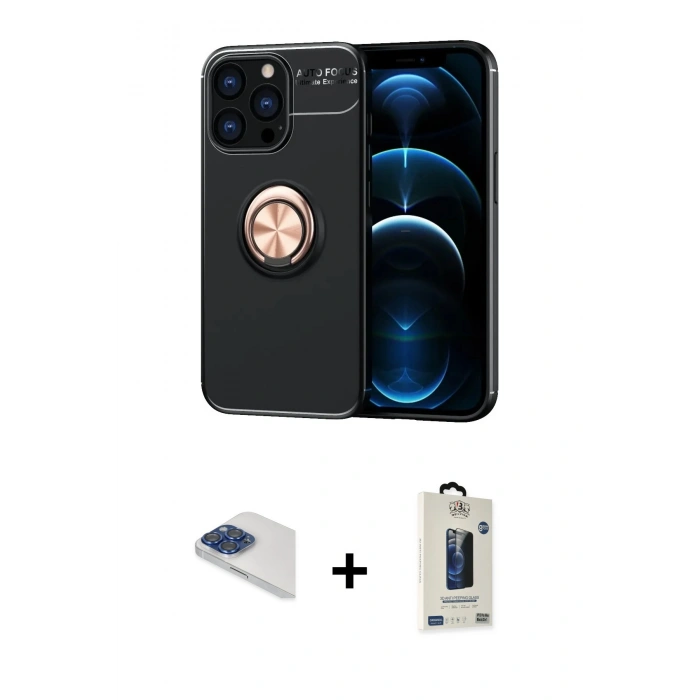 MARSİLYAN™- iPhone 13 Pro Max Kılıf Yankı Form Prime - Siyah Bilvis Hayalet Cam Ekran Koruyucu + Pers Alüminyum Kamera Lens - LT