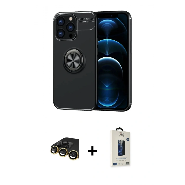 MARSİLYAN™- iPhone 13 Pro Max Kılıf Yankı Form Prime - Siyah Bilvis Hayalet Cam Ekran Koruyucu + Raze Metal Kamera Lens - GD