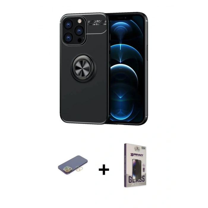 MARSİLYAN™- iPhone 13 Pro Max Kılıf Yankı Form Prime - Siyah Bilvis Hayalet Cam Ekran Koruyucu + Renkli Kamera Lens Koruma Cam - SI