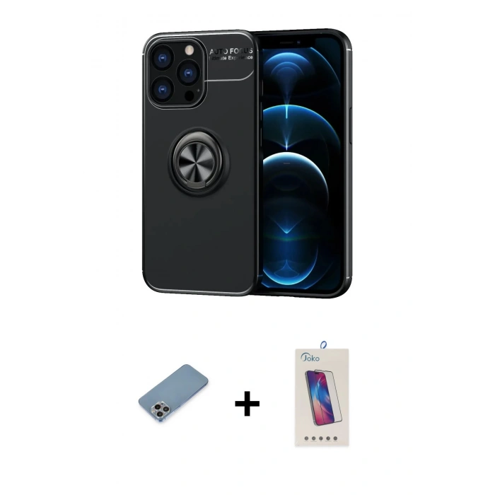 MARSİLYAN™- iPhone 13 Pro Max Kılıf Yankı Form Prime - Siyah Joko 5D Cam + Gökkuşağı Shine Kamera Lens Koruma Cam