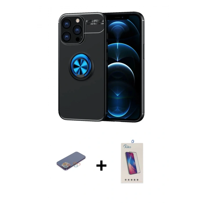 MARSİLYAN™- iPhone 13 Pro Max Kılıf Yankı Form Prime - Siyah Joko 5D Cam + Renkli Kamera Lens Koruma Cam - PE