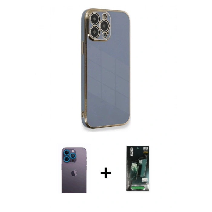 MARSİLYAN™- iPhone 13 Pro Max Kılıf Yankı Serisi - Şeffaf 360 Full Body Arka Koruyucu + Mavi Neon Fosforlu Kamera Lens