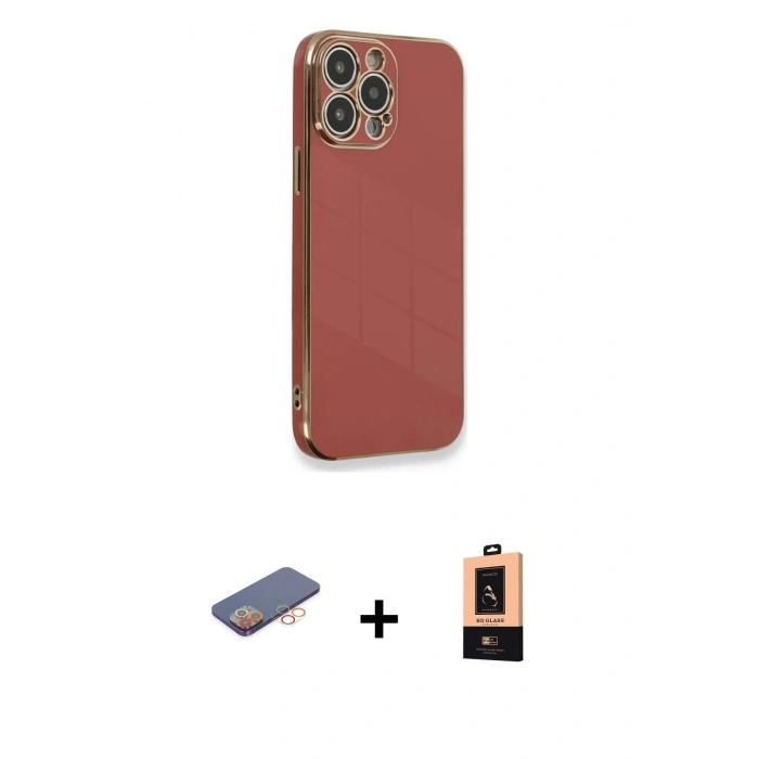 MARSİLYAN™- iPhone 13 Pro Max Kılıf Yankı Serisi - Şeffaf Maxco Cam Ekran Koruyucu + Turuncu Renkli Kamera Lens Koruma Cam