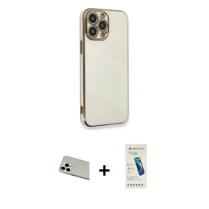 MARSİLYAN™- iPhone 13 Pro Max Kılıf Yankı Serisi - Şeffaf Pasifik Cam Ekran Koruyucu + Rainbow Kamera Lens Koruma Cam - BZ