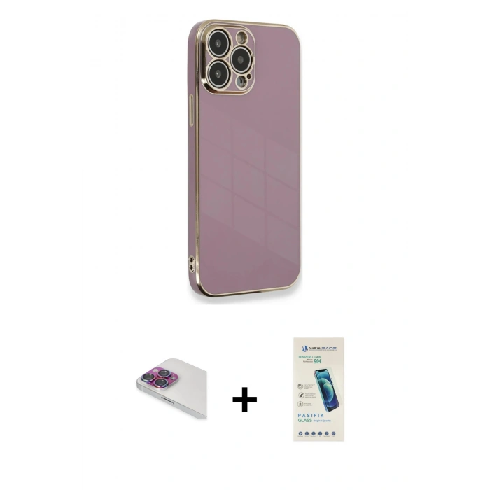 MARSİLYAN™- iPhone 13 Pro Max Kılıf Yankı Serisi - Şeffaf Pasifik Cam Ekran Koruyucu + Pers Alüminyum Kamera Lens - GI