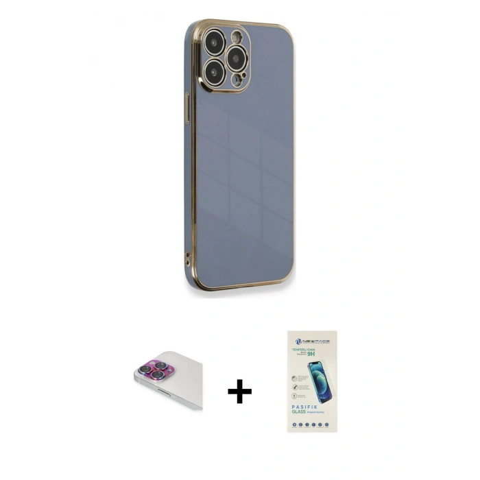 MARSİLYAN™- iPhone 13 Pro Max Kılıf Yankı Serisi - Şeffaf Pasifik Cam Ekran Koruyucu + Pers Alüminyum Kamera Lens - GI