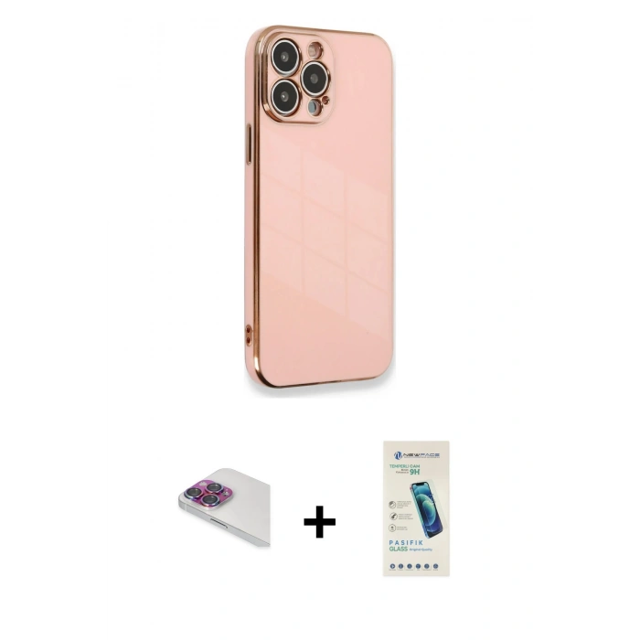 MARSİLYAN™- iPhone 13 Pro Max Kılıf Yankı Serisi - Şeffaf Pasifik Cam Ekran Koruyucu + Pers Alüminyum Kamera Lens - GI