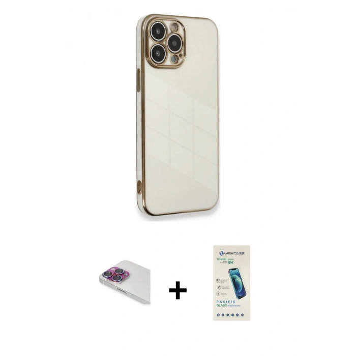MARSİLYAN™- iPhone 13 Pro Max Kılıf Yankı Serisi - Şeffaf Pasifik Cam Ekran Koruyucu + Pers Alüminyum Kamera Lens - GI