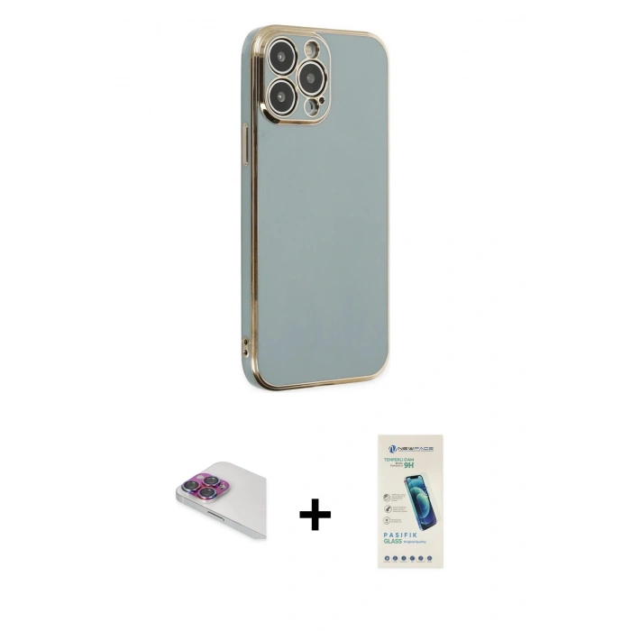 MARSİLYAN™- iPhone 13 Pro Max Kılıf Yankı Serisi - Şeffaf Pasifik Cam Ekran Koruyucu + Pers Alüminyum Kamera Lens - GI