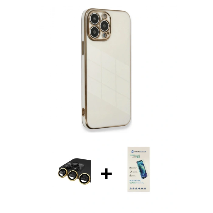 MARSİLYAN™- iPhone 13 Pro Max Kılıf Yankı Serisi - Şeffaf Pasifik Cam Ekran Koruyucu + Raze Metal Kamera Lens - GD