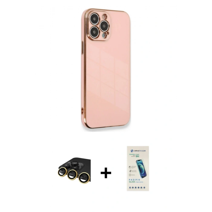 MARSİLYAN™- iPhone 13 Pro Max Kılıf Yankı Serisi - Şeffaf Pasifik Cam Ekran Koruyucu + Raze Metal Kamera Lens - GD