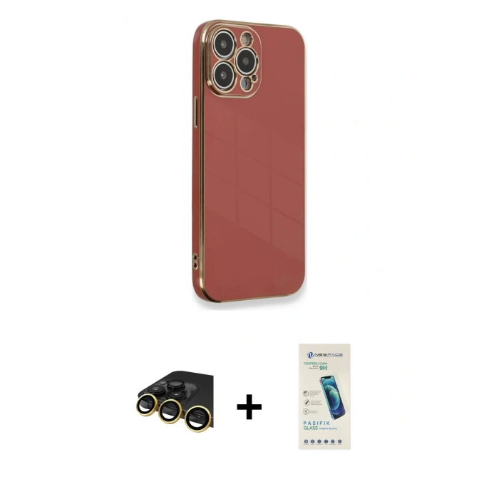MARSİLYAN™- iPhone 13 Pro Max Kılıf Yankı Serisi - Şeffaf Pasifik Cam Ekran Koruyucu + Raze Metal Kamera Lens - GD
