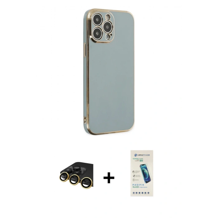 MARSİLYAN™- iPhone 13 Pro Max Kılıf Yankı Serisi - Şeffaf Pasifik Cam Ekran Koruyucu + Raze Metal Kamera Lens - GD