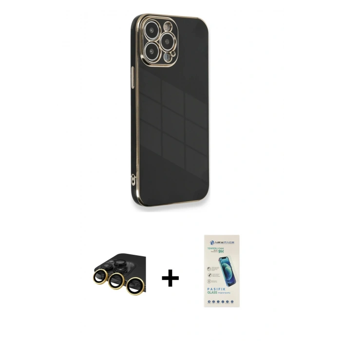MARSİLYAN™- iPhone 13 Pro Max Kılıf Yankı Serisi - Şeffaf Pasifik Cam Ekran Koruyucu + Raze Metal Kamera Lens - GD