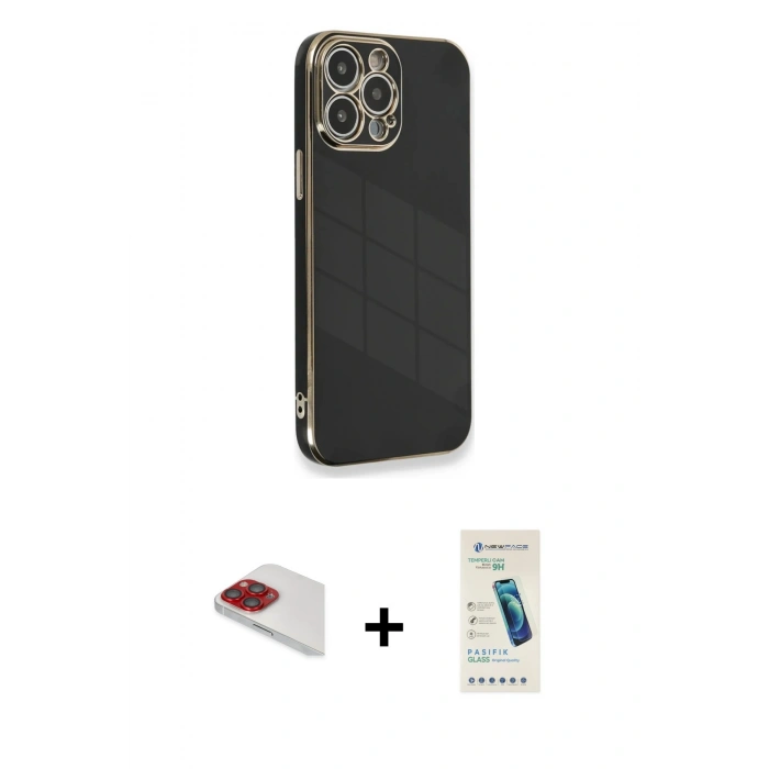 MARSİLYAN™- iPhone 13 Pro Max Kılıf Yankı Serisi - Şeffaf Pasifik Cam Ekran Koruyucu + Pers Alüminyum Kamera Lens - KI