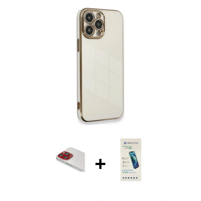 MARSİLYAN™- iPhone 13 Pro Max Kılıf Yankı Serisi - Şeffaf Pasifik Cam Ekran Koruyucu + Pers Alüminyum Kamera Lens - KI