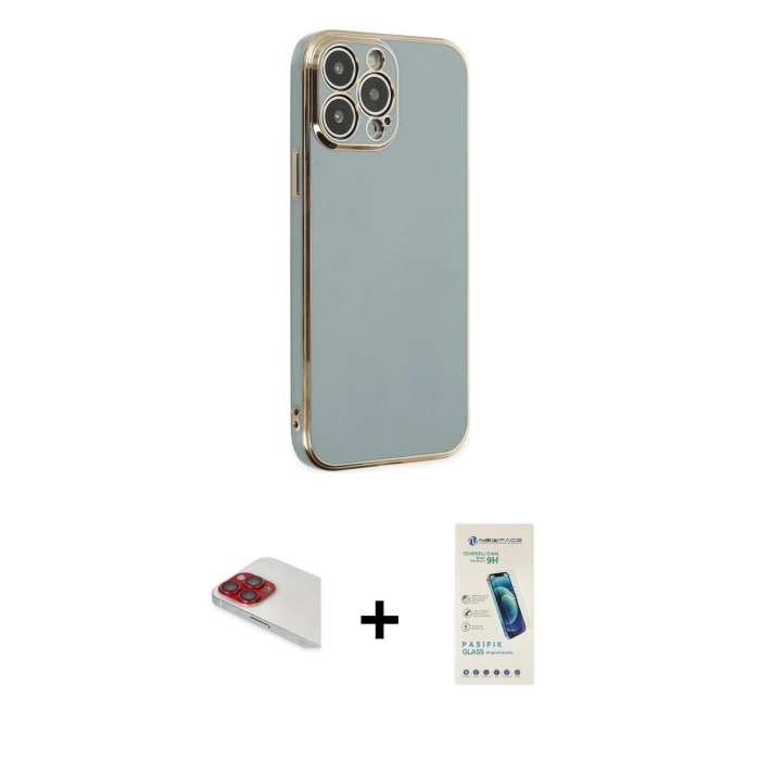 MARSİLYAN™- iPhone 13 Pro Max Kılıf Yankı Serisi - Şeffaf Pasifik Cam Ekran Koruyucu + Pers Alüminyum Kamera Lens - KI