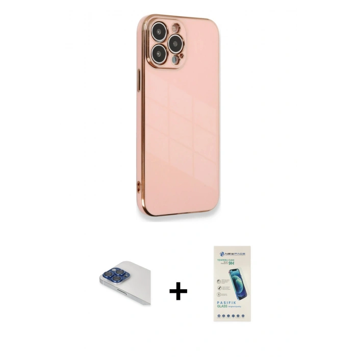 MARSİLYAN™- iPhone 13 Pro Max Kılıf Yankı Serisi - Şeffaf Pasifik Cam Ekran Koruyucu + Pers Alüminyum Kamera Lens - LT