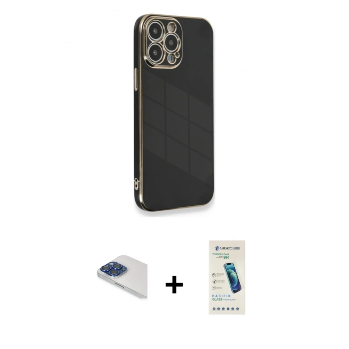 MARSİLYAN™- iPhone 13 Pro Max Kılıf Yankı Serisi - Şeffaf Pasifik Cam Ekran Koruyucu + Pers Alüminyum Kamera Lens - LT