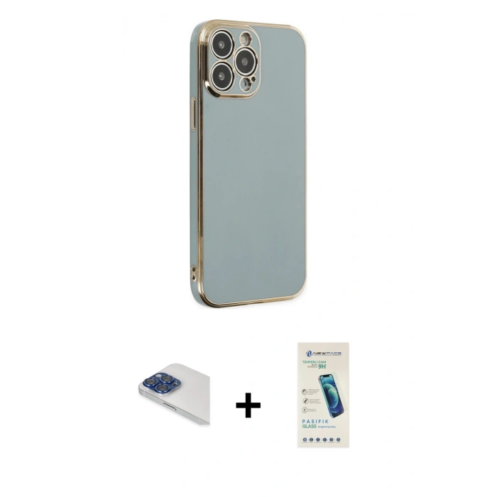 MARSİLYAN™- iPhone 13 Pro Max Kılıf Yankı Serisi - Şeffaf Pasifik Cam Ekran Koruyucu + Pers Alüminyum Kamera Lens - LT