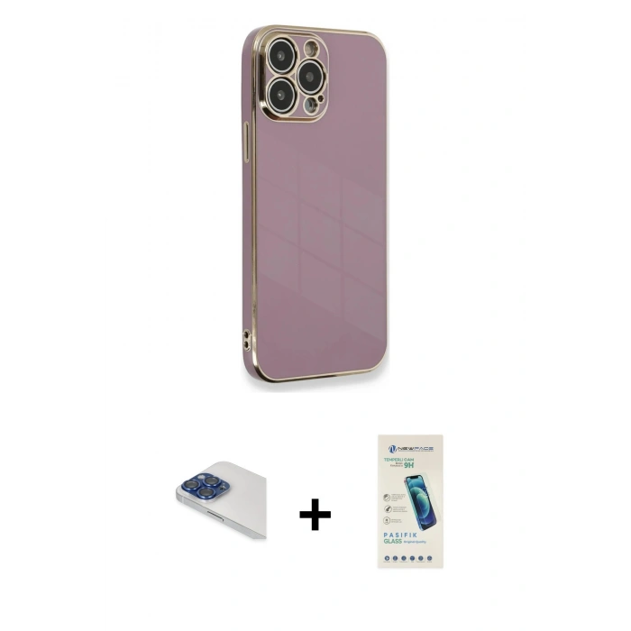 MARSİLYAN™- iPhone 13 Pro Max Kılıf Yankı Serisi - Şeffaf Pasifik Cam Ekran Koruyucu + Pers Alüminyum Kamera Lens - LT