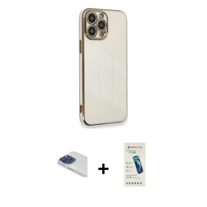 MARSİLYAN™- iPhone 13 Pro Max Kılıf Yankı Serisi - Şeffaf Pasifik Cam Ekran Koruyucu + Pers Alüminyum Kamera Lens - LT